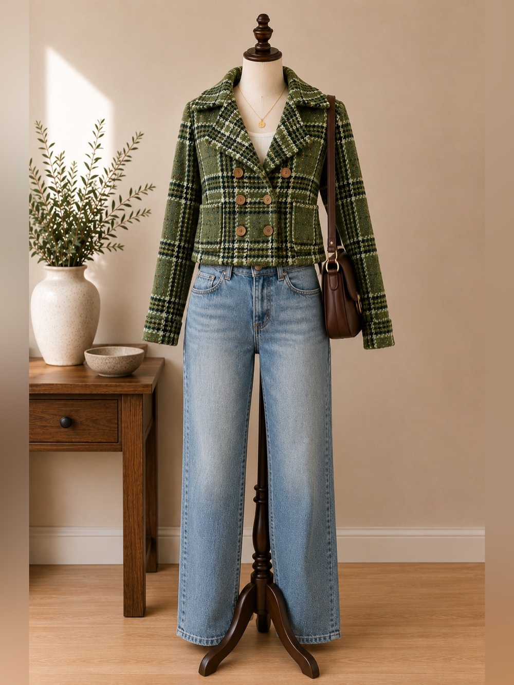 Simon Chang Y2K Green Plaid Wool Blend Cropped Peacoat Jacket Women's Size 10